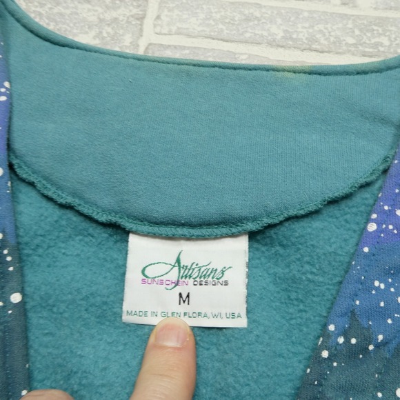 VINTAGE Artisans Sweater Womens M Green Fleece Cardigan‎ Snowy Winter Night - Picture 2 of 11